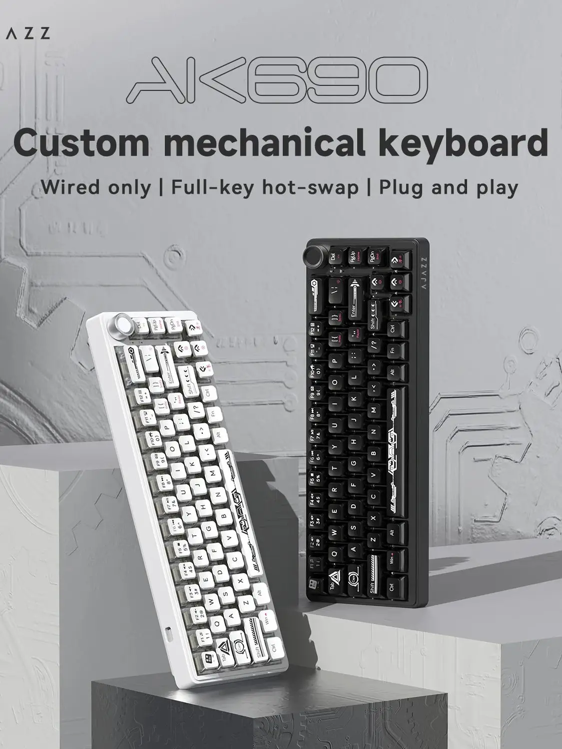 AJAZZ AK690 Przewodowa Klawiatura Mechaniczna, Hot-Swappable, Metalowy Pokrętło, Plug-and-Play, Matowe Nakładki na Klawisze, Podkładka pod Nadgarstek, Podświetlenie RGB Maillard Yellow
