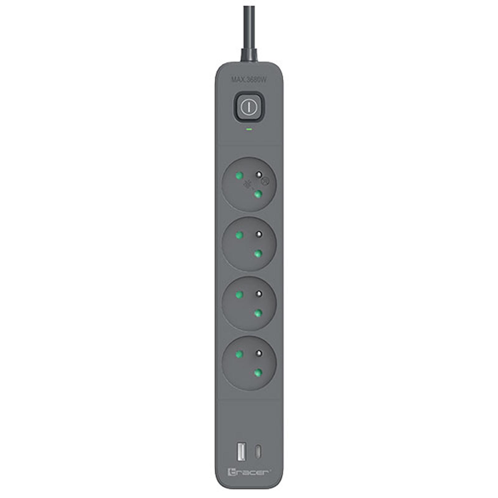 Listwa zasilająca Tracer Power Line+ Mobile Ready 1,5m, 4 gniazda, 1x USB A+ 1x Type C, PD20W, czarna TRALIS47026