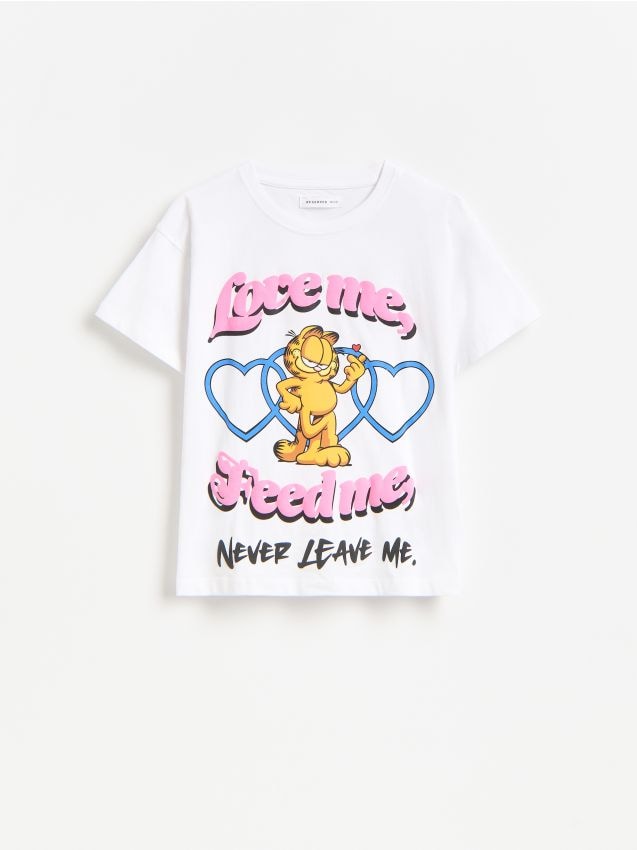 Reserved - Bawełniany t-shirt Garfield - złamana biel