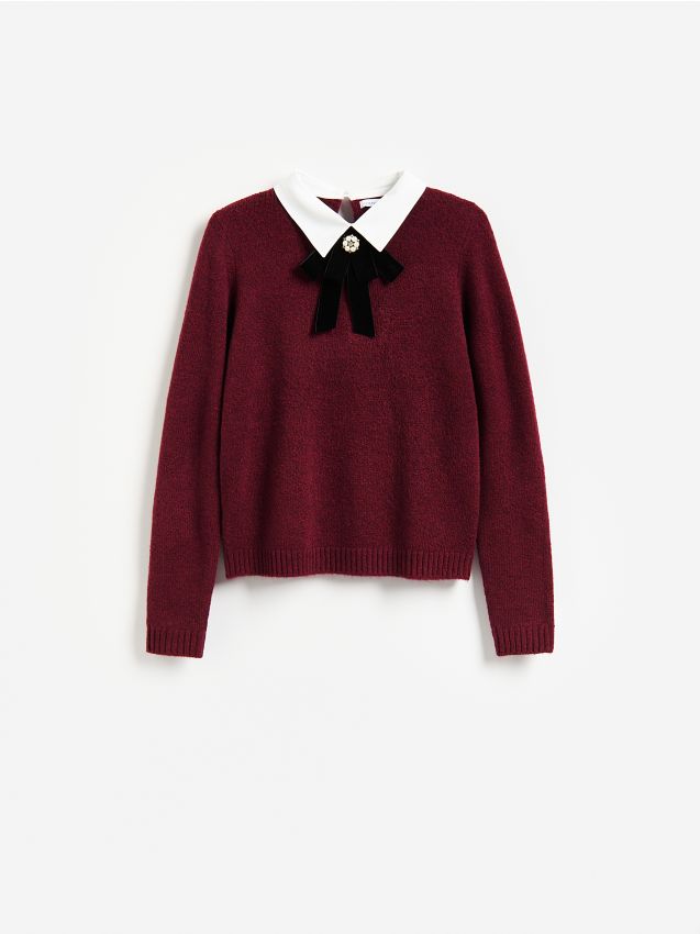 Reserved - Sweter z ozdobnym kołnierzem - bordowy