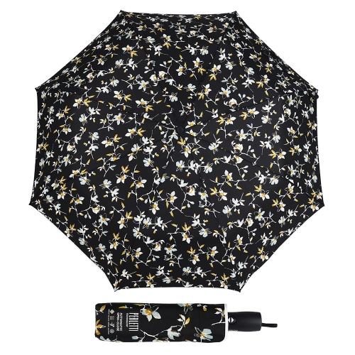 Parasol Damski Technology Automatyczny Składany Czarny w kwiaty Żółte