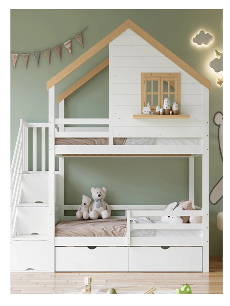 Łóżko piętrowe, łóżko drewniane, sosna + MDF, schody z miejscem do przechowywania, wyrafinowany design małego domku z oknem, schowek pod łóżkiem, biały + naturalny, 90x200cm