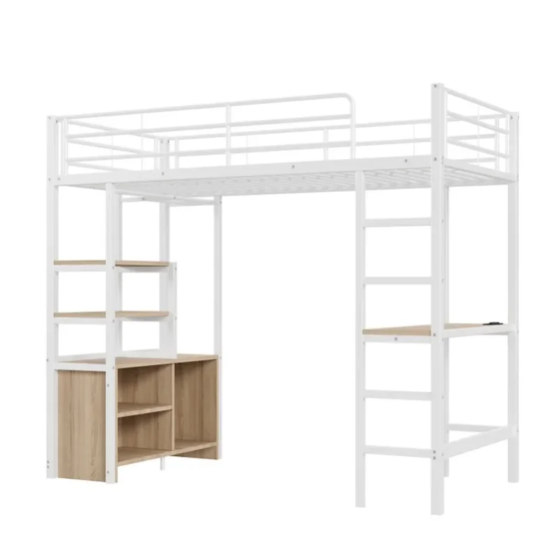 Łóżko na poddaszu 90x200 cm z biurkiem, półkami, portem USB i gniazdem zasilania, metalowa rama, białe