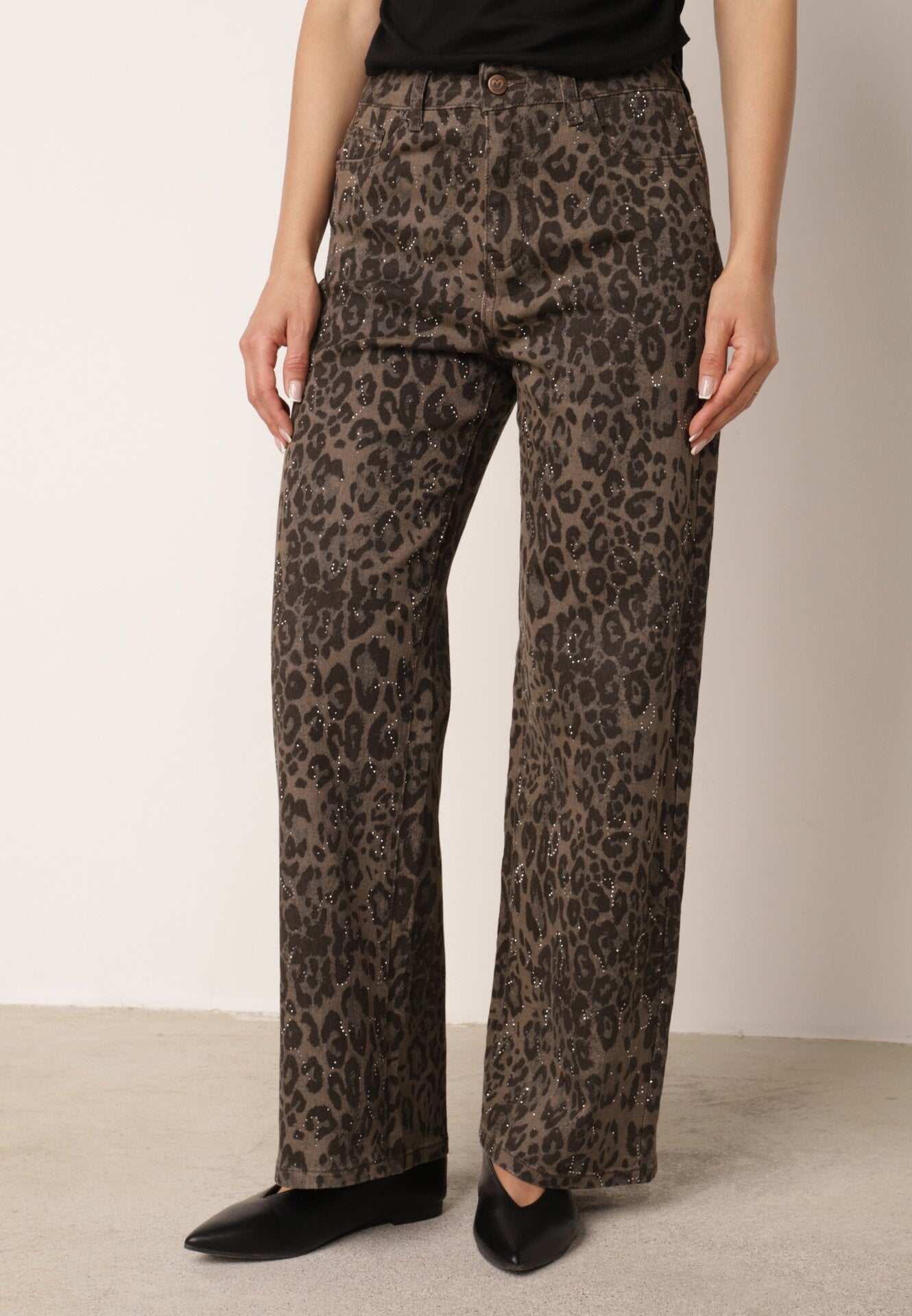 Panterkowe Jeansy Bawełniane Regular w Animal Print z Cyrkoniami Vemen