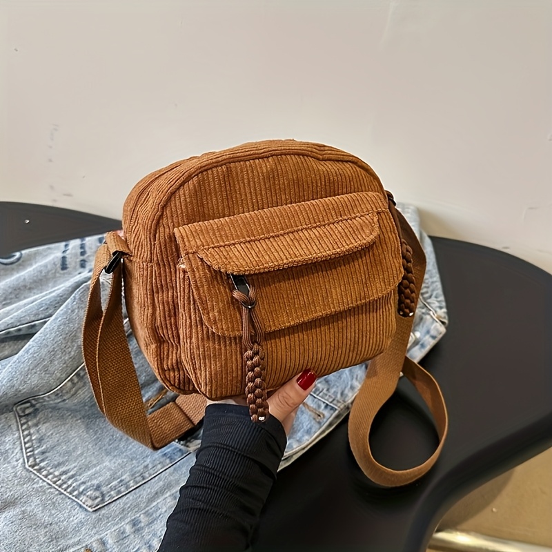 TEMU Torba crossbody w stylu vintage Harajuku z sztruksu, codzienna japońska torebka na ramię z zamkiem błyskawicznym, wzór w paski, unisex - czarna,