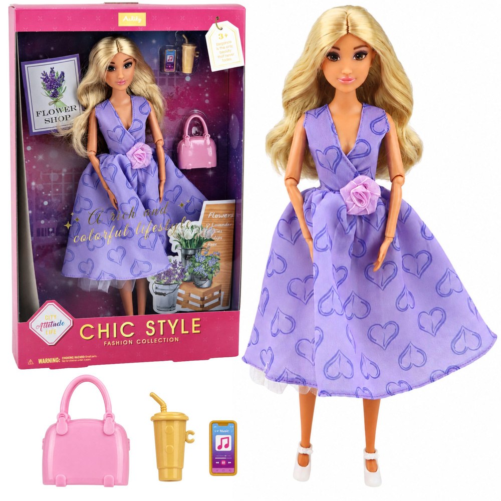 Lalka Anlily Fashion w Fioletowej Sukience W Serca Torebka Akcesoria Zestaw