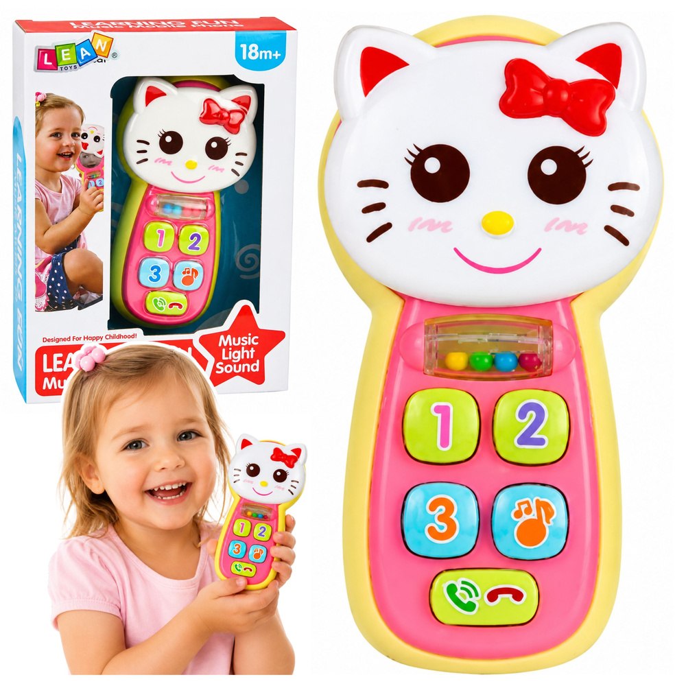 Interaktywny Telefon Dla Dzieci Kotek Lusterko Grzechotka Światła Dźwięk