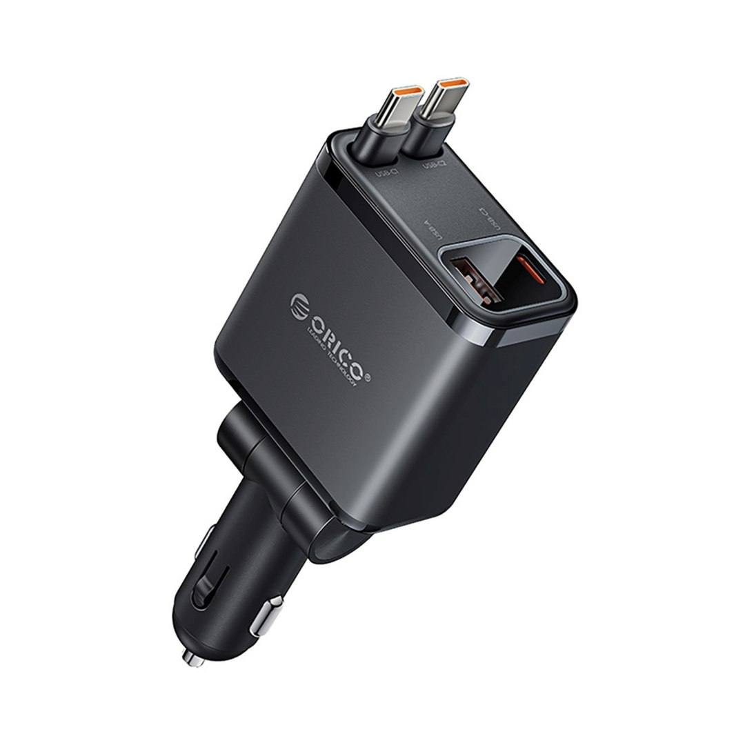 Ładowarka samochodowa USB-A USB-C 45W ze zwijanymi kablami USB-C - czarna