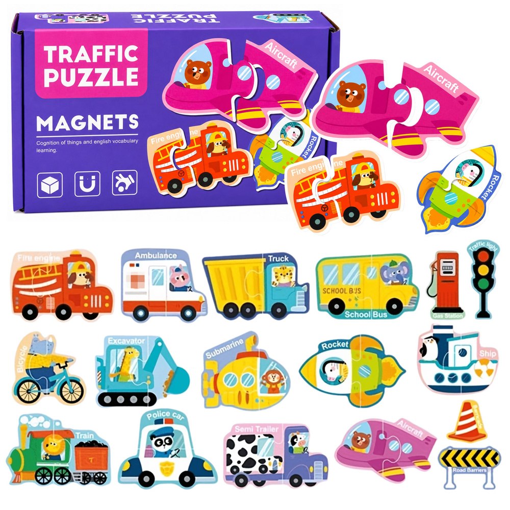 Puzzle Magnetyczne Pojazdy Nauka Środków Transportu Zestaw 30 el.