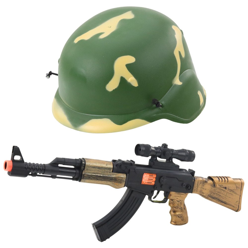 Zestaw Militarny Wojskowy Karabin Dźwięk Kask Hełm z Gumką
