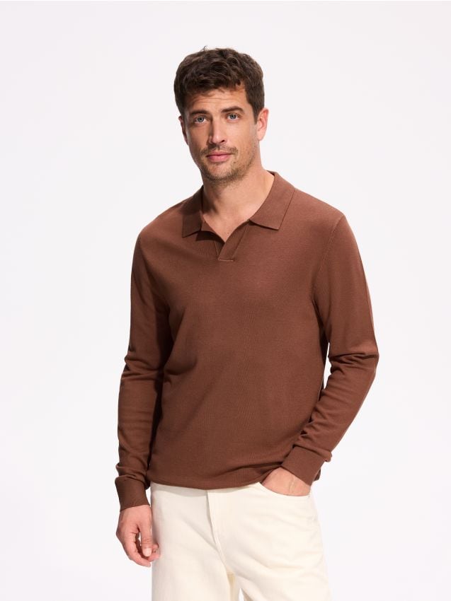 Reserved - Sweter polo z wiskozą - brązowy