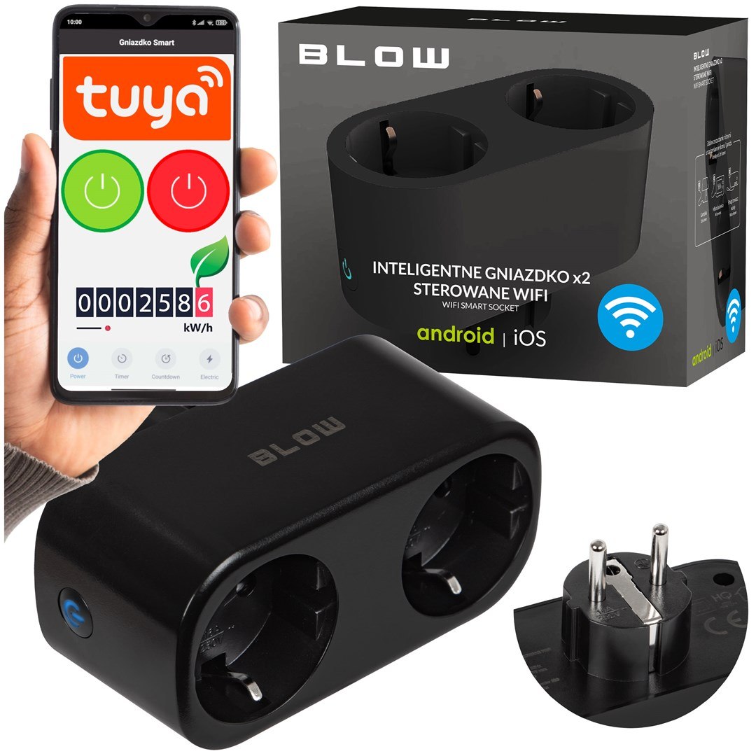 BLOW INTELIGENTNE GNIAZDKO PODWÓJNE STEROWANE WIFI TUYA CZARNE 72-078#