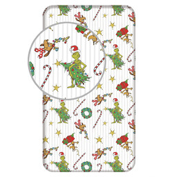 Jerry Fabrics Prześcieradło bawełniane z gumką 90x200 Grinch "Grinchmas" białe zielone dla dzieci JF24