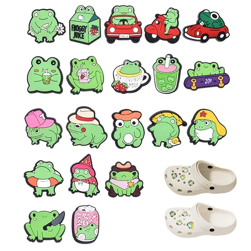 20Pcs Frog buty Charms, buty Charms kompatybilny do Crocs, PVC Animal Cartoon buty dekoracje Frog Cro Charms akcesoria do Clogs Sandals, Bracelets