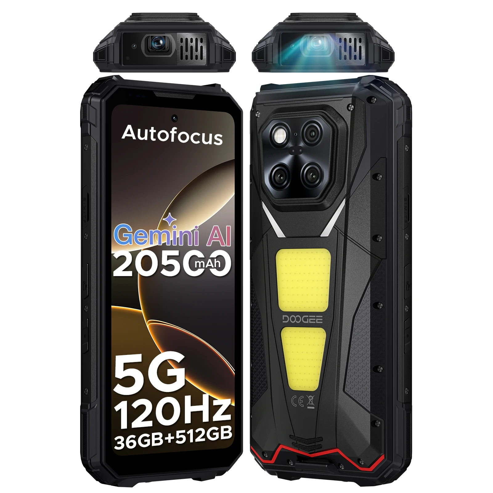 DOOGEE V Max Play 5G Projektor Wybudowany w Telefonie Wytrzymały Telefon z Wyświetlaczem 6,78 cala, Baterią 20500mAh, Podwójnymi Lampami Kempingowymi, Procesorem Dimensity 7300, NFC i Funkcją 16GB 512GB Black