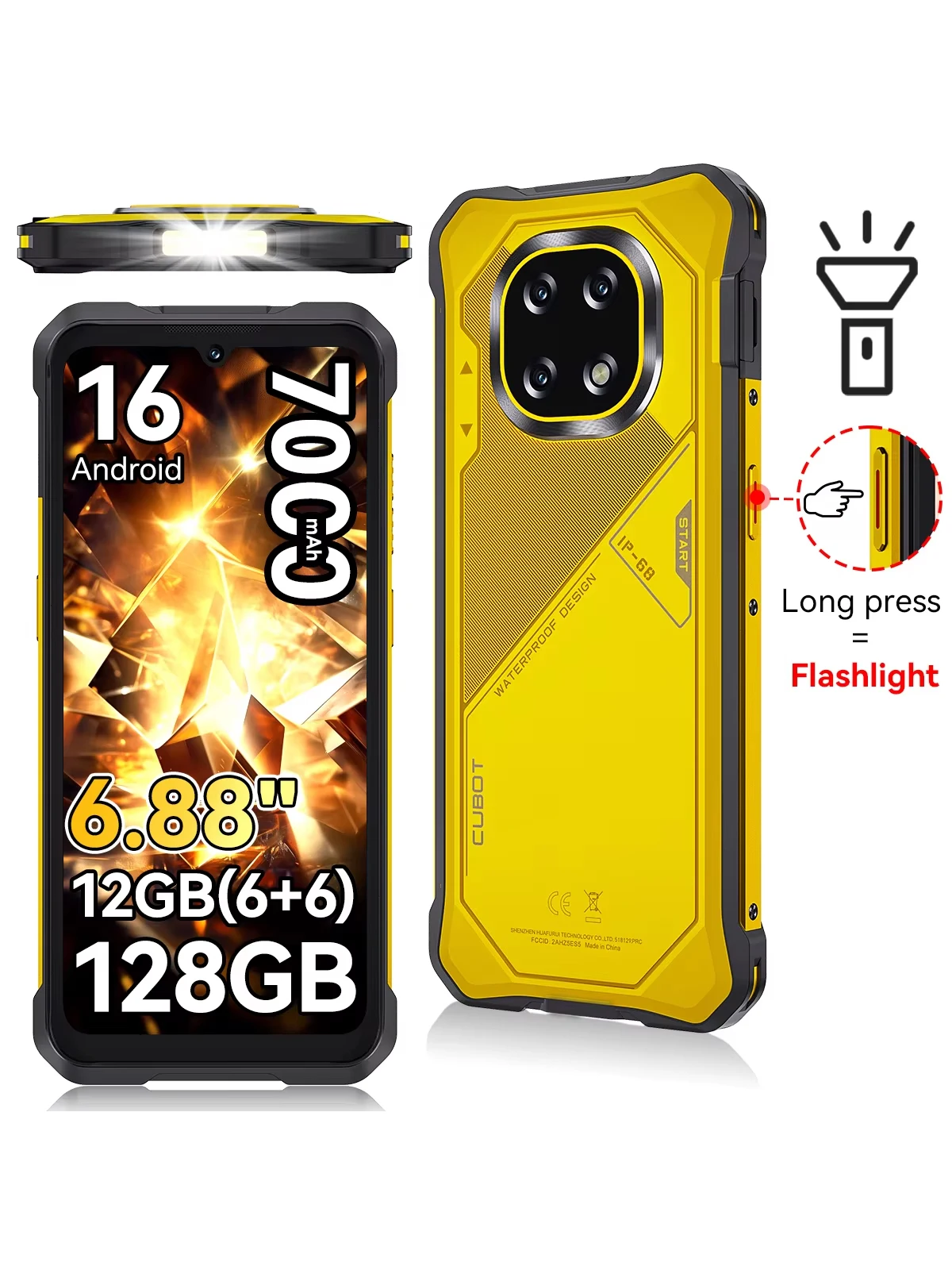 Wytrzymały smartfon Cubot , Android 16, do 12 GB RAM (6+6 GB) + 128GB ROM, 6,88-calowy ekran 120 Hz, bateria 7000 mAh, NFC, rozpoznawanie twarzy i linii papilarnych, IP69K, aparaty 64 MP + 16 MP, SZARY