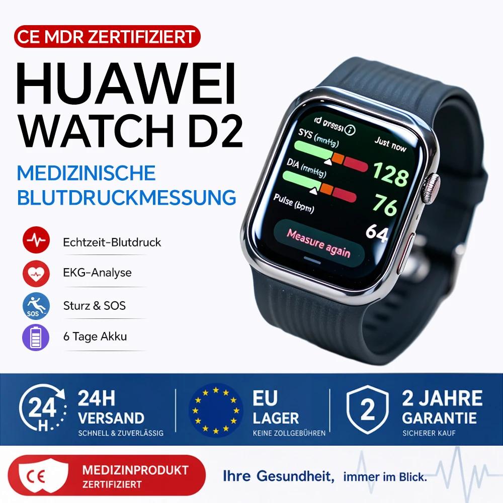 HUAWEI Watch D2 Smartwatch, wyświetlacz AMOLED 1,82 cala, kolor czarny Ambulatoryjne mierzenie ciśnienia krwi, EKG, inteligentne funkcje lifestylowe, społeczność zdrowotna, kompatybilne z systemami Black