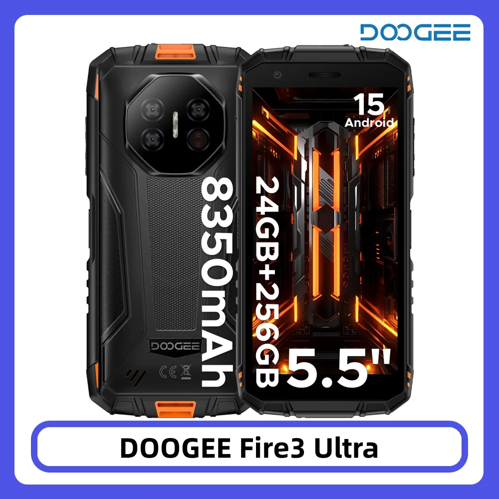 DOOGEE Fire 3 Ultra Wytrzymały telefon komórkowy z 5,5-calowym wyświetlaczem HD+, 24 GB RAM + 256 GB ROM, baterią 8350 mAh, procesorem UNISOC T7200, NFC i systemem Android 15. 6GB 256GB Gray