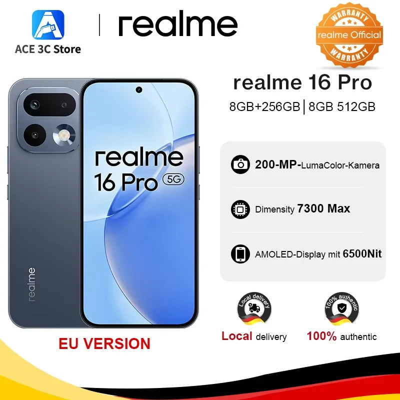Nowość: smartfon realme 16 Pro 5G – wersja europejska – aparat LumaColor 200 MP, wyświetlacz AMOLED o jasności 6500 nitów, bateria 6500 mAh, NFC SZARY