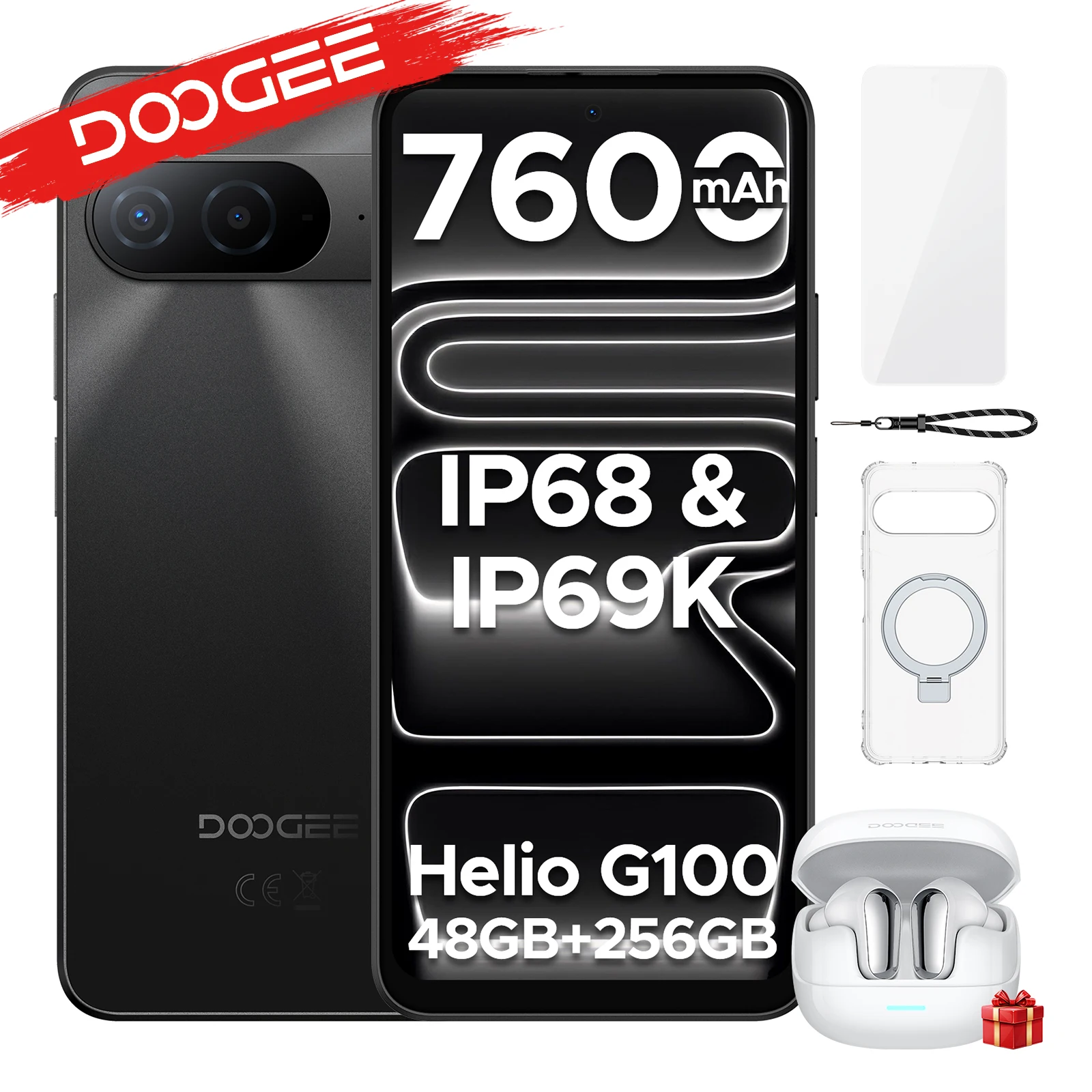 Smartfon DOOGEE B10, wodoodporny zgodnie z normą IP68, Android 16, ekran 6,63”, procesor Helio G100, bateria 7600mAh, 48GB RAM (6+42), 256GB ROM, obsługa Google Pay. No Earbuds Black