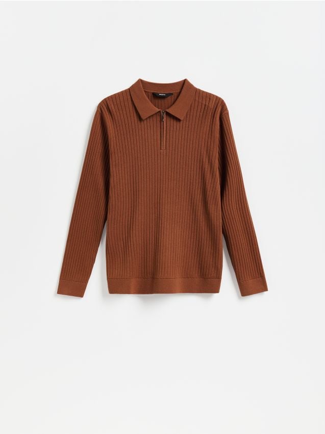 Reserved - Prążkowany sweter polo - brązowy
