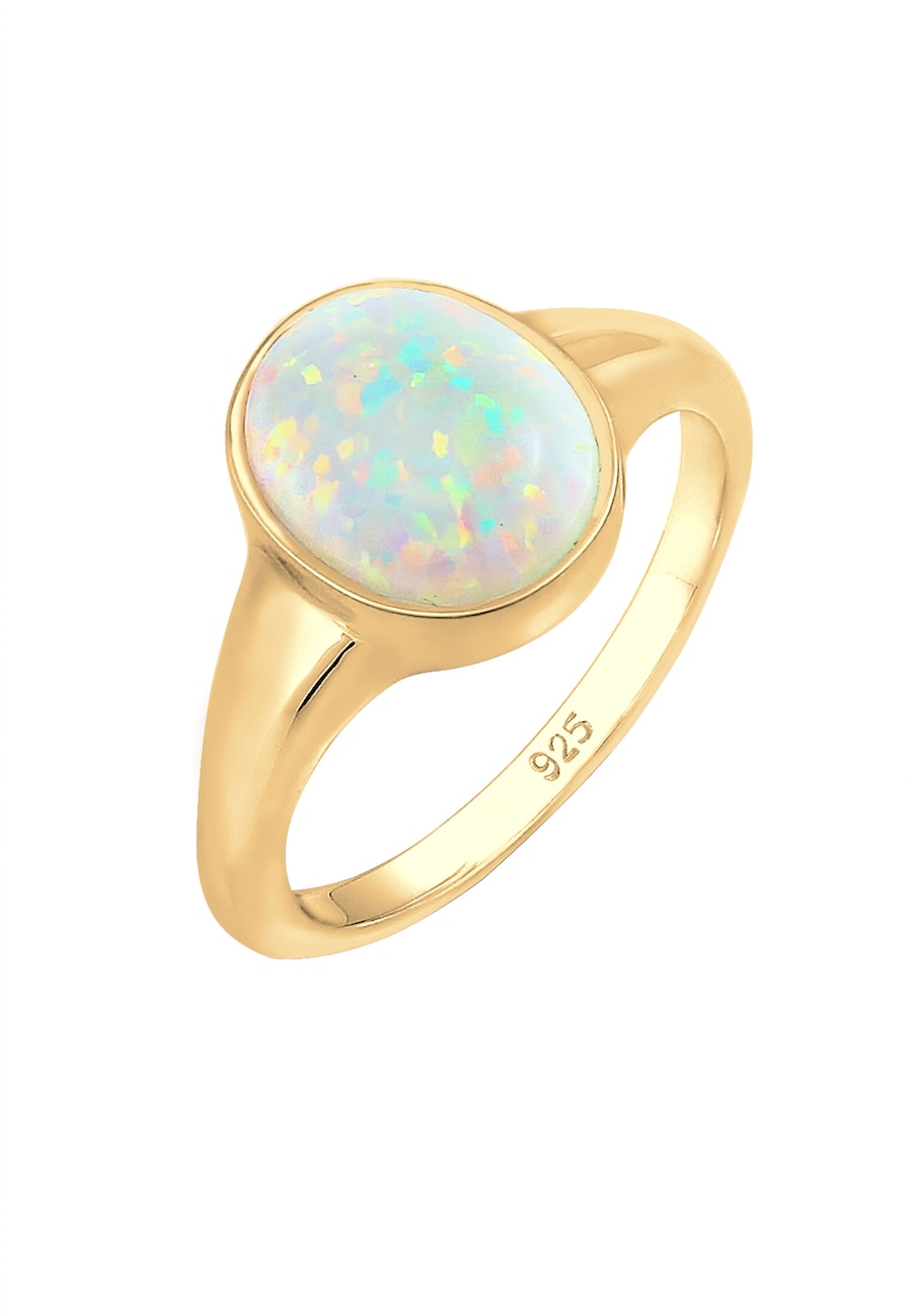 Elli Damski sygnet Trend z syntetycznym opalem w pozłacanym srebrze 925 Sterling Silver Pierścionki 1 ct