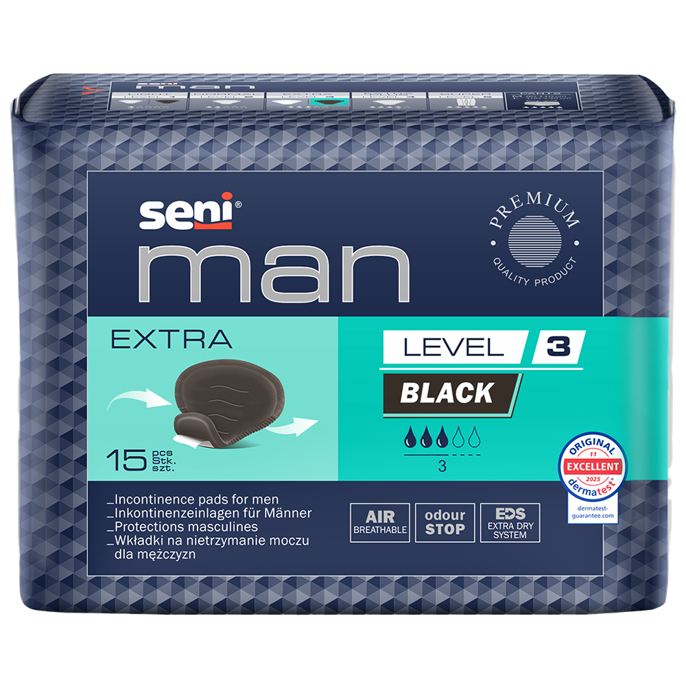 Seni Man, wkładki urologiczne dla mężczyzn, Extra, 22,5 x 27 cm, Level 3, czarne, 15 sztuk