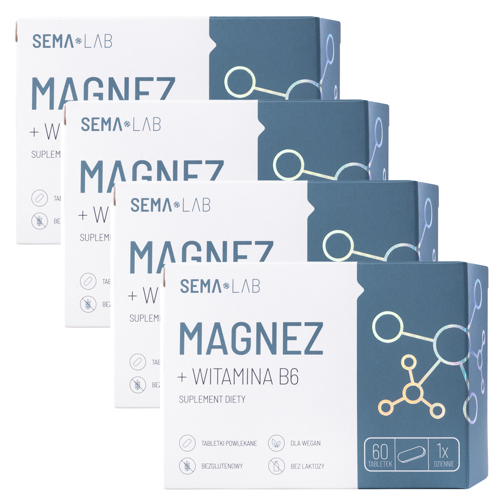 Zestaw SEMA Lab Magnez + Witamina B6, 4 x 60 tabletek powlekanych