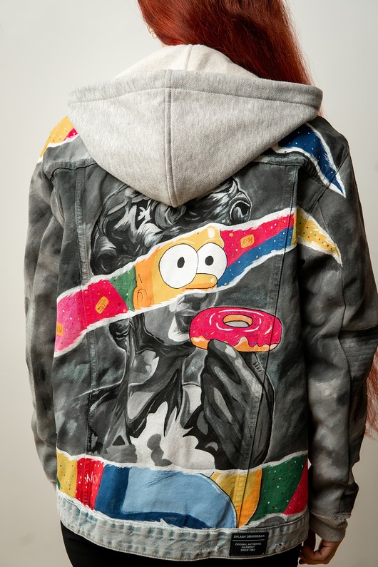 Kurtka jeansowa z kapturem ręcznie malowana CUSTOM / Pop Art / Rozmiar S