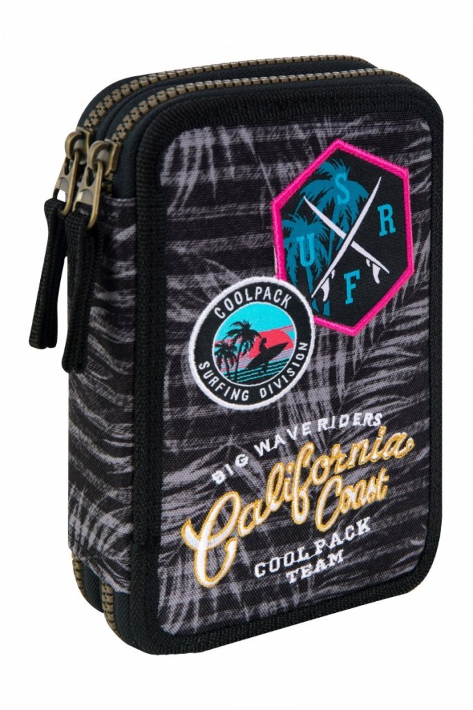 Piórnik z wyposażeniem dwukomorowy dla dzieci, CoolPack, liście, czarny