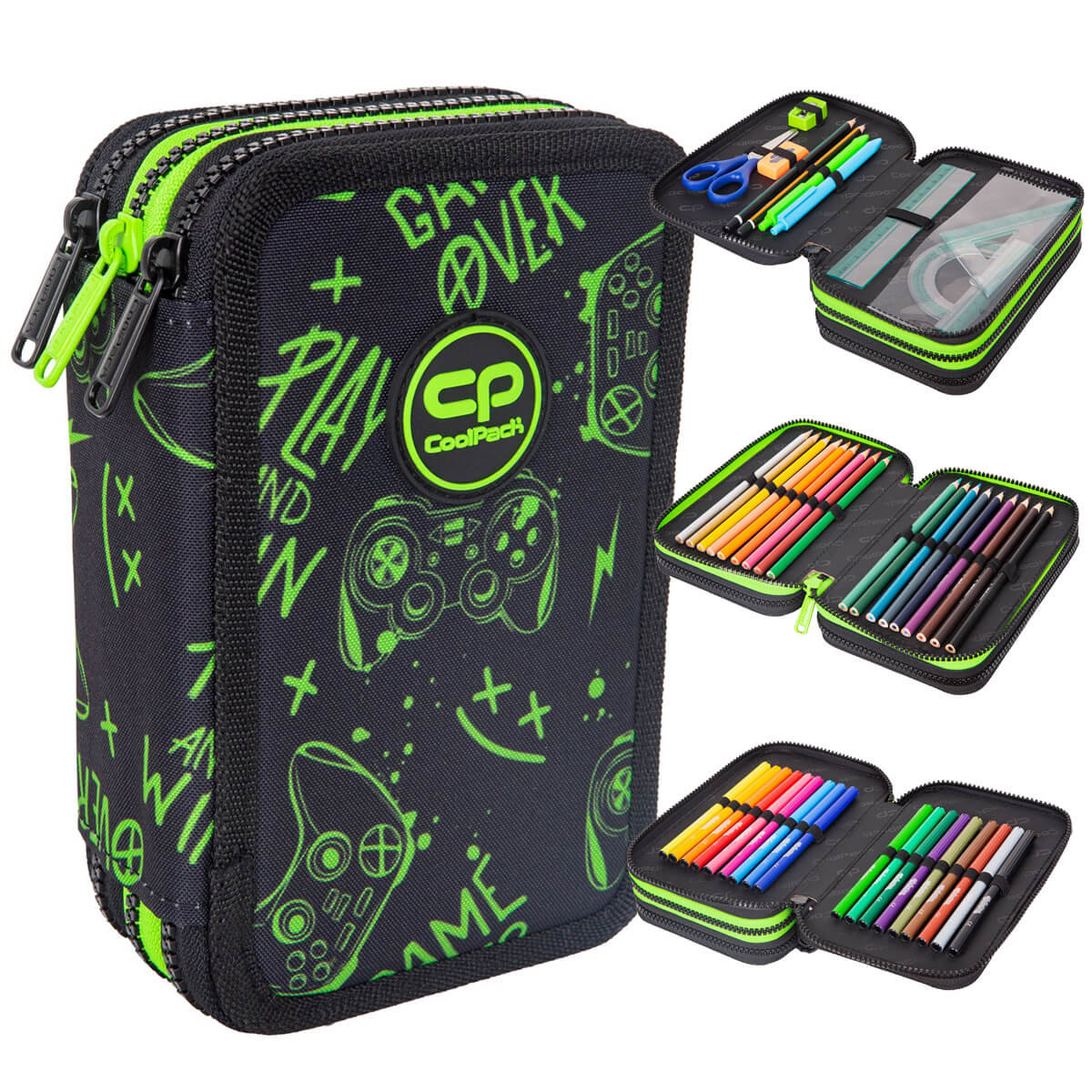 Piórnik z wyposażeniem trzykomorowy dla chłopca, Jumper 3 CoolPack, game night, czarny, 47 elementów