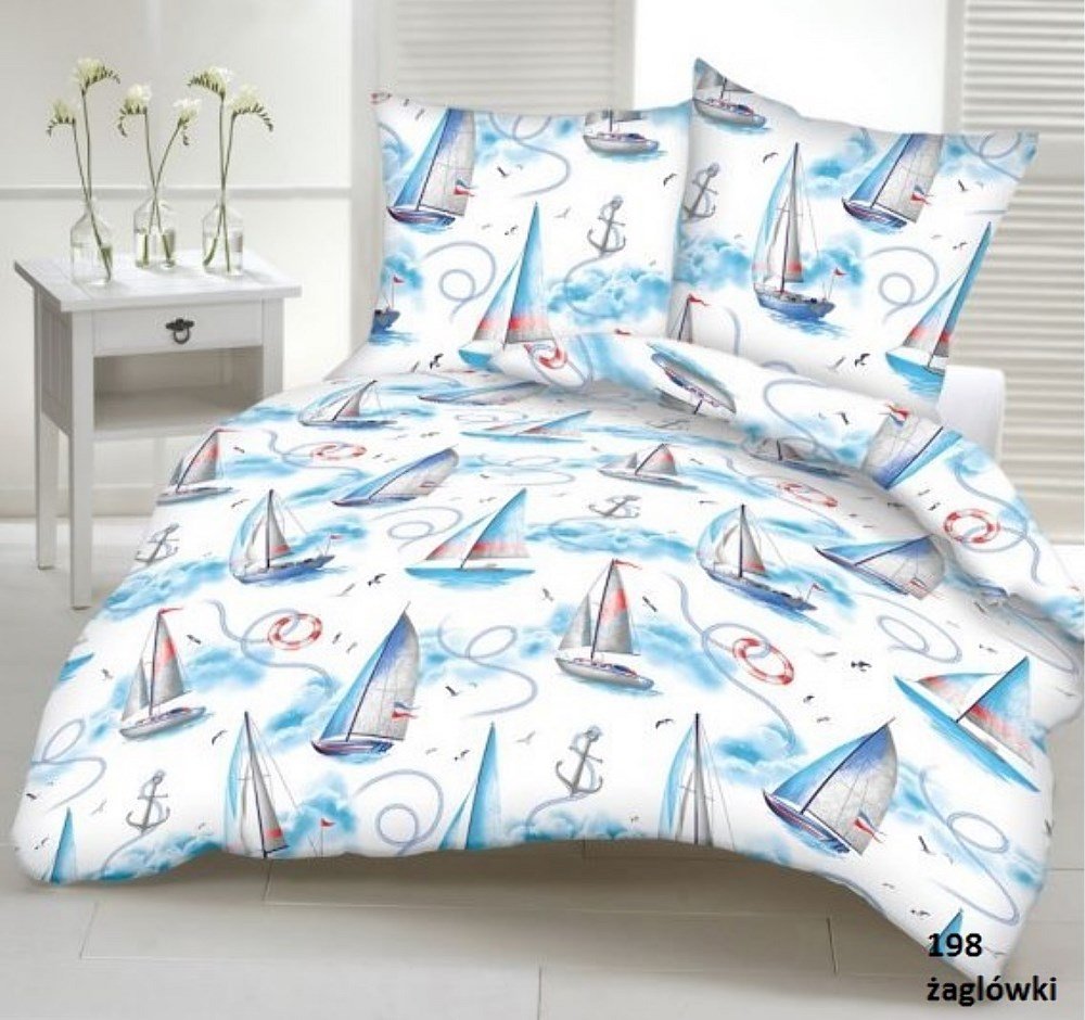 Pościel z kory 180x200 żaglówki 198 kotwice marynarska guziki 100% bawełna