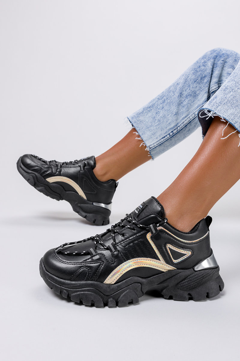 Czarne sneakersy na platformie buty sportowe sznurowane holograficzny pasek Casu 11-10-21-B-37