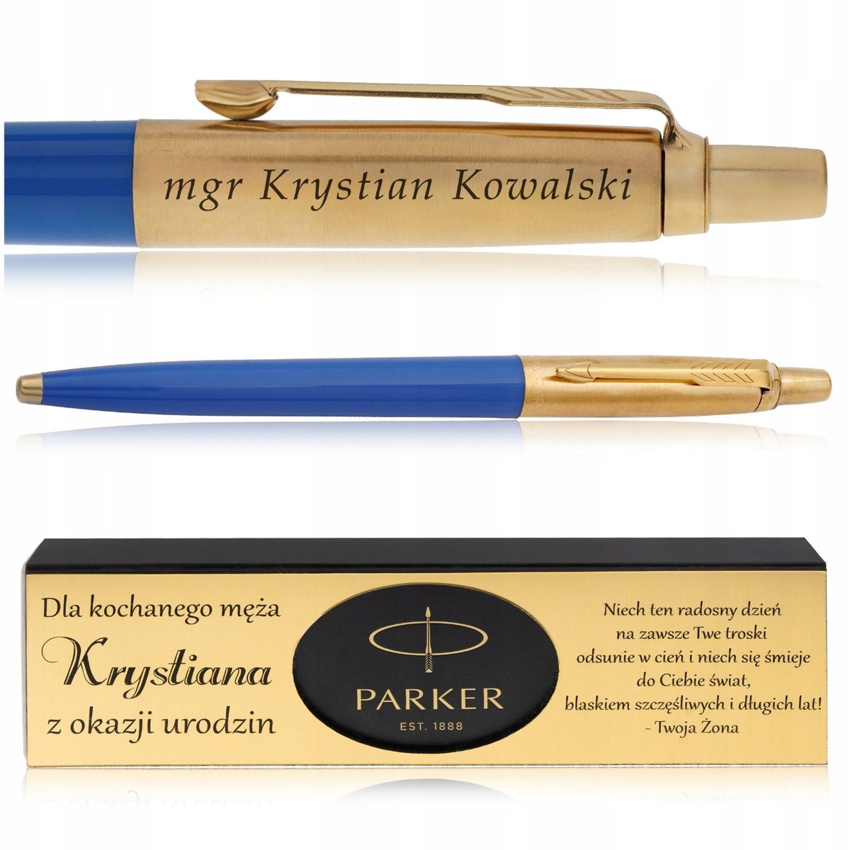 ZŁOTY DŁUGOPIS PARKER JOTTER NIEBIESKI 24 KARATY + PUDEŁKO DEDYKACJA GRAWER