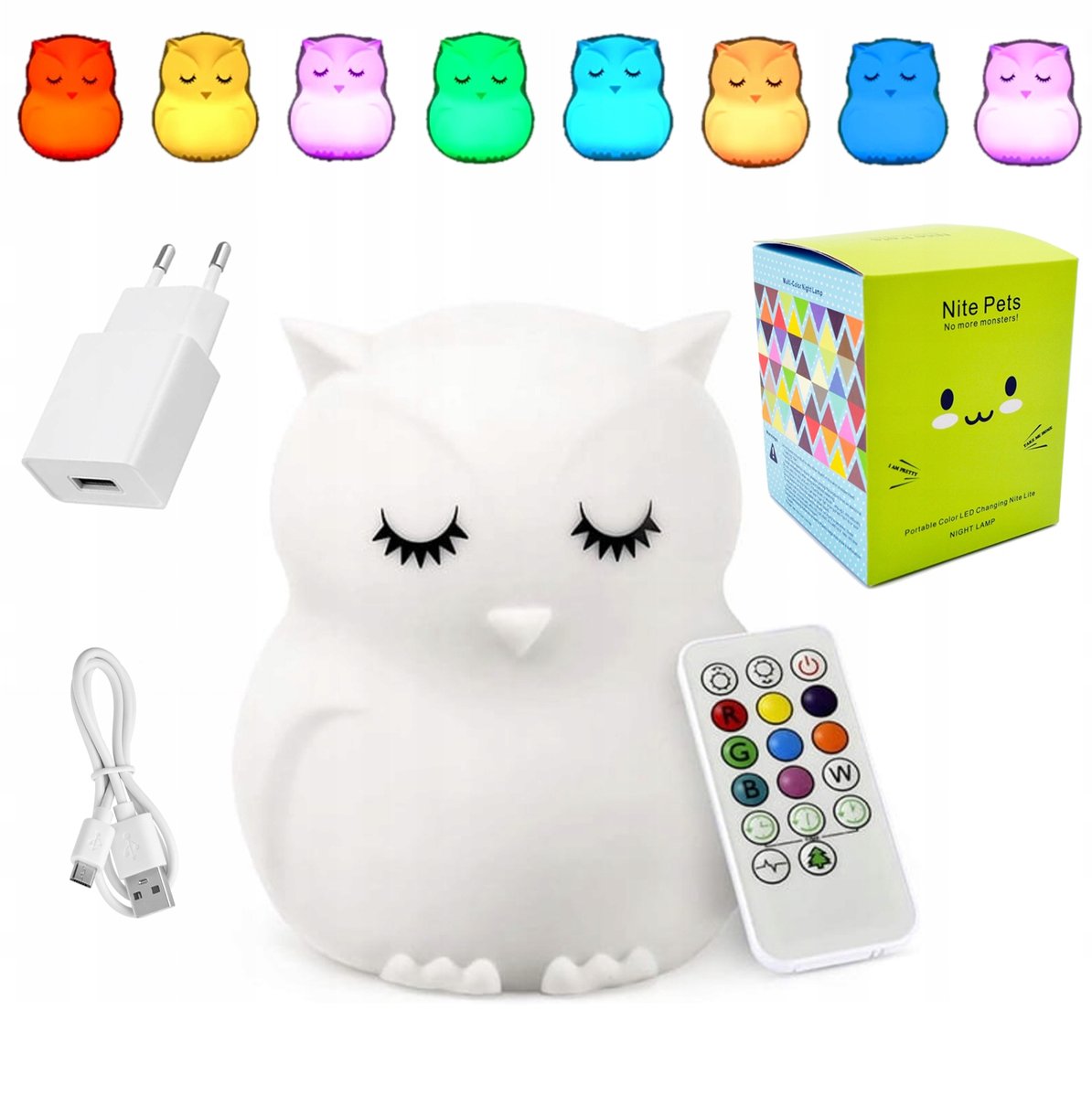 SOWA LAMPKA NOCNA DLA DZIECI KOLOROWA SILIKONOWA MIĘKKA LED RGB +USB +PILOT