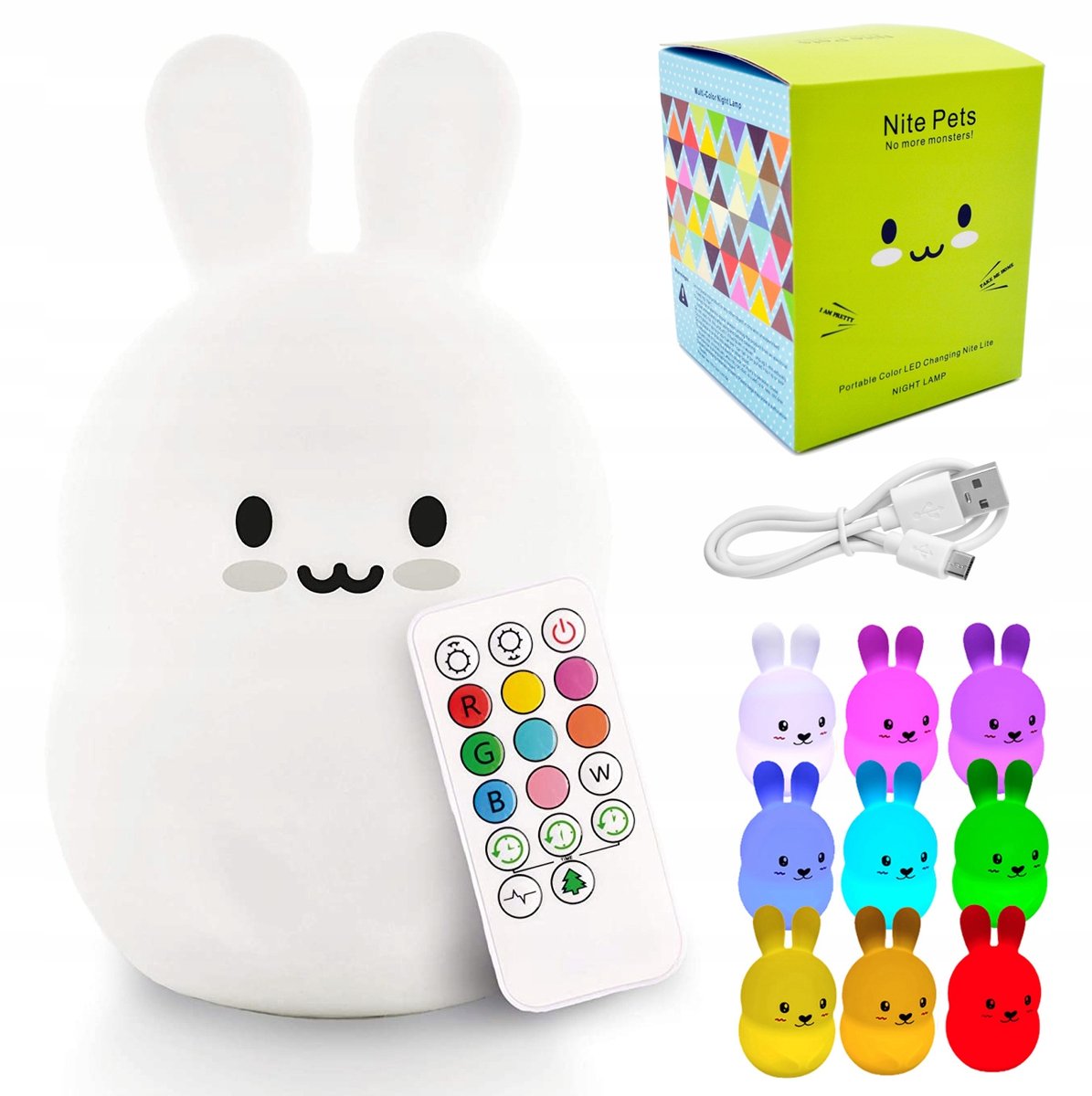 MIĘKKA LAMPKA NOCNA KRÓLIK DLA DZIECI LED RGB USB PILOT KOLOROWA SILIKON K