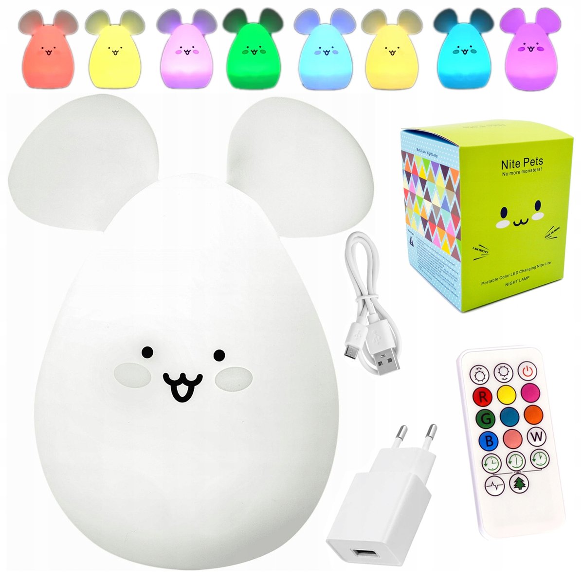MYSZKA MIĘKKA LAMPKA NOCNA DLA DZIECI LED RGB USB PILOT KOLOROWA SILIKONOWA