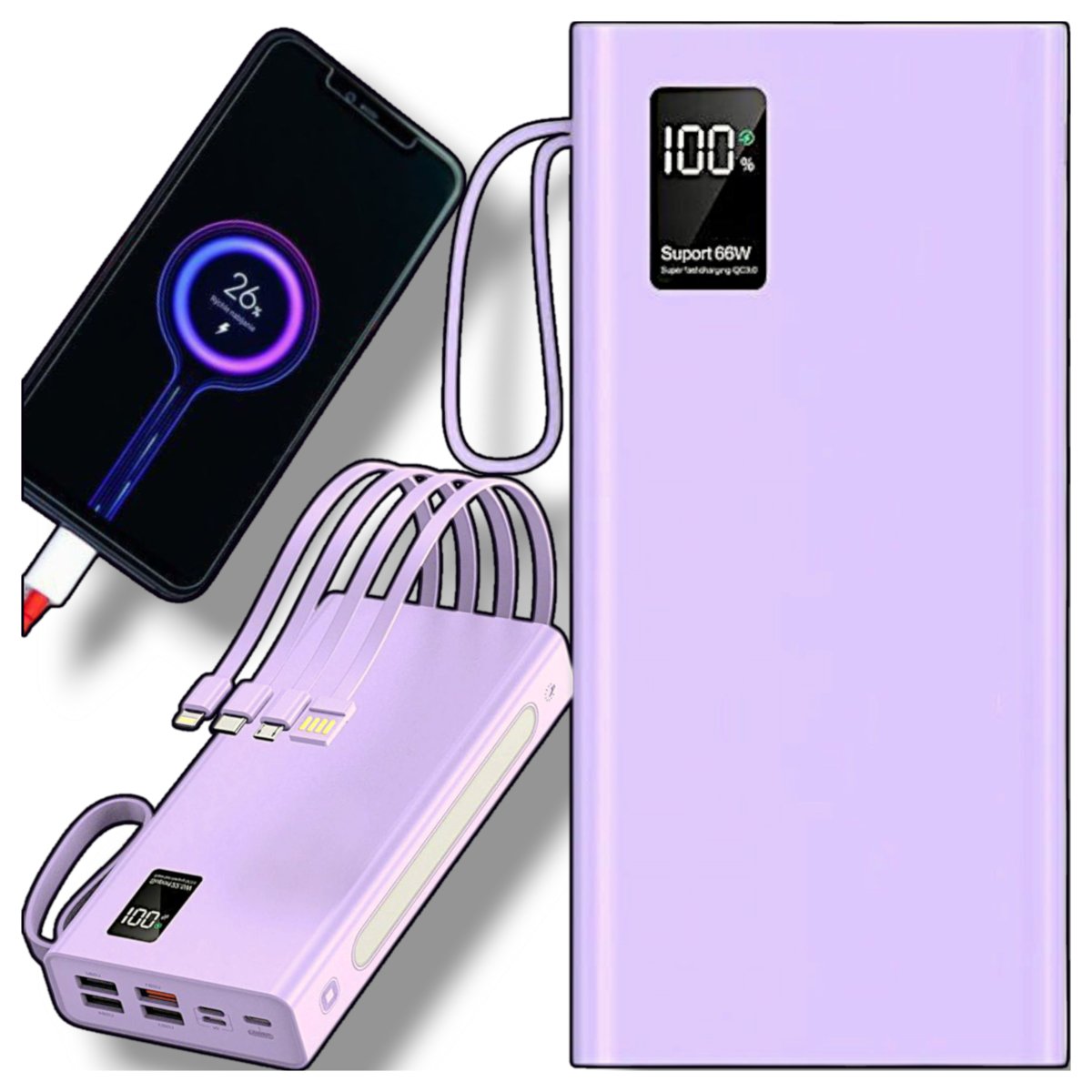 POWERBANK Z LATARKĄ MOCNĄ 30000 mAh 4 KABLE + 4 USB + PORTY USB C