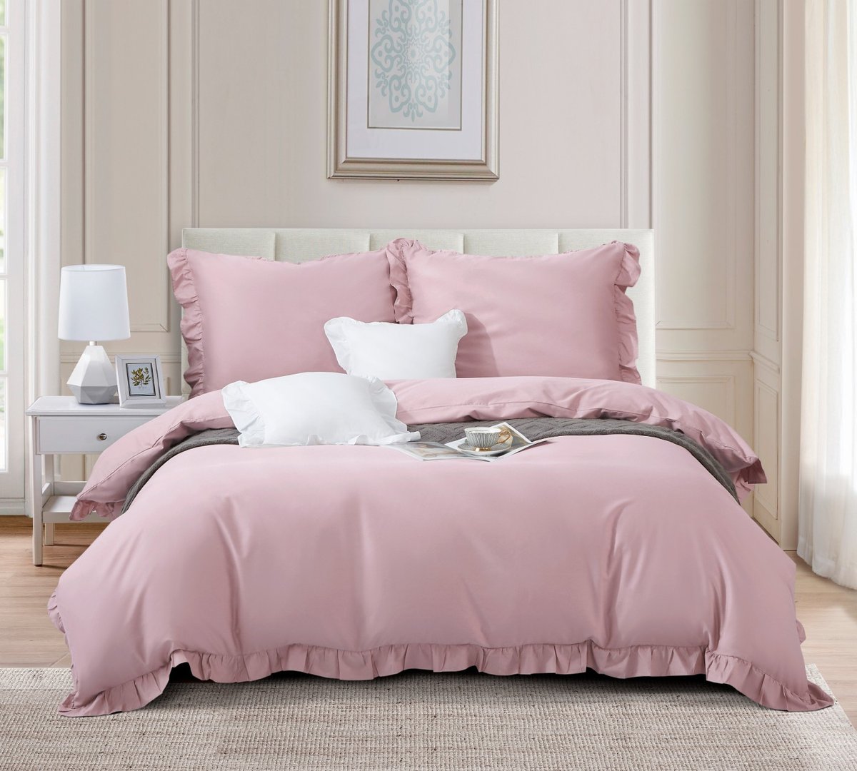 Pościel Ruffy Premium 140x200 - Elegancka Satyna Bawełniana z Falbanką Różowa