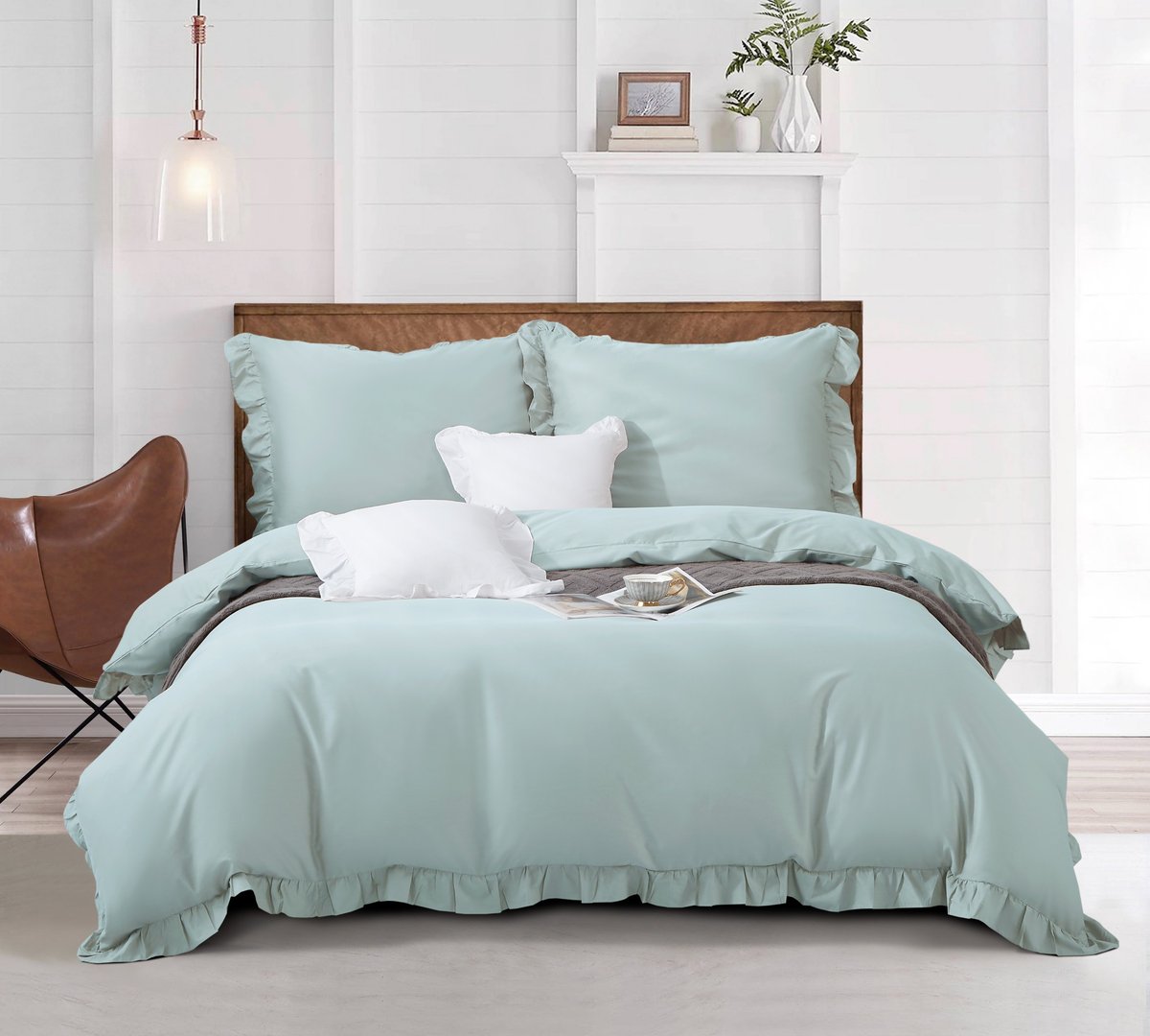 Pościel Ruffy Premium 140x200 - Elegancka Satyna Bawełniana z Falbanką Miętowa