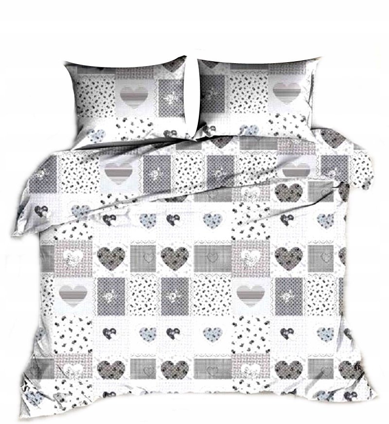 pościel z bawełny płaskiej 160x200 + 2 poszewki B 85 patchwork serce szare