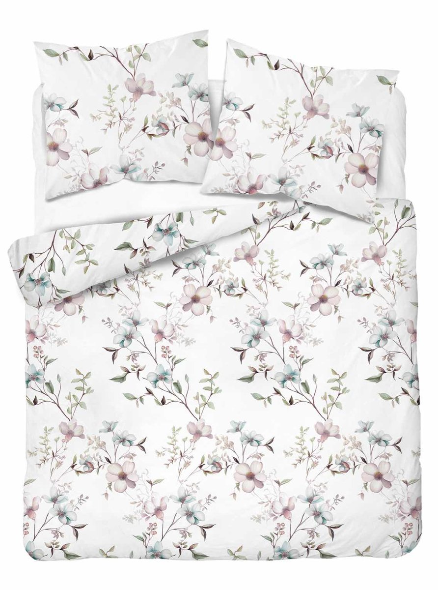 Pościel flanelowa 160x200 biała w kwiaty pudrowe i błękitne - Pastel Flowers - 5635 B