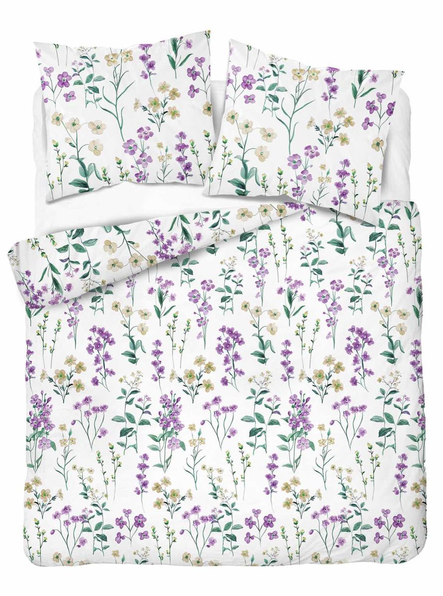 Pościel flanelowa 160x200 biała w polne kwiaty fioletowo-żółte - Pastel Flowers - 5634 B