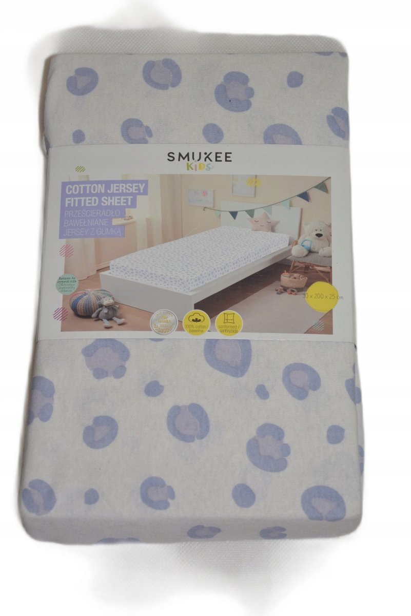 Prześcieradło bawełniane jersey z gumką 90x200 białe w wzorki - Smukee kids