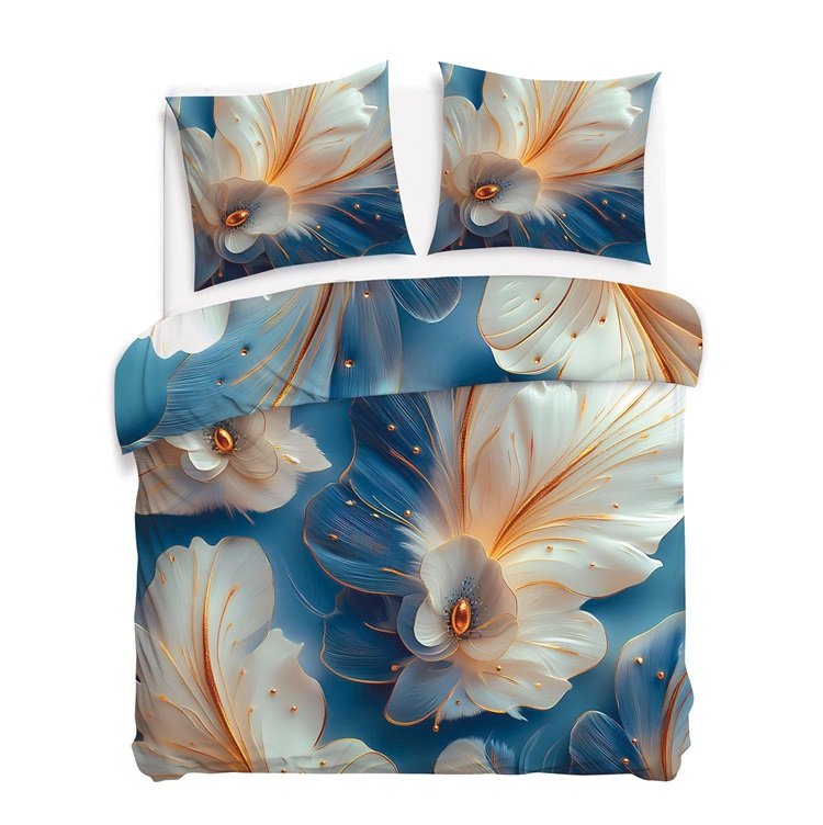 Pościel satynowa 160x200 Kwiaty niebieska złota 12414 SATYNLOVE PREMIUM