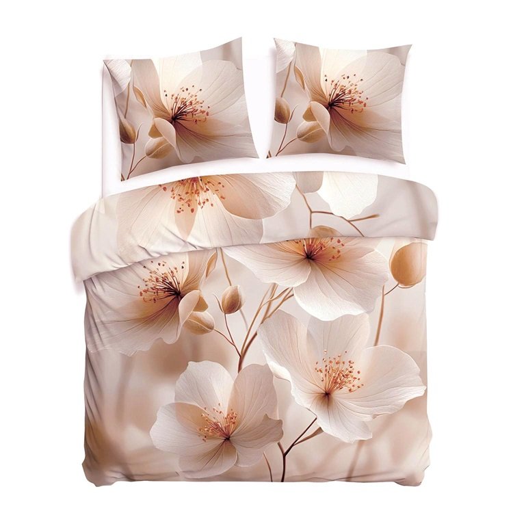 Pościel satynowa 160x200 Kwiaty beżowa kremowa 12415 SATYNLOVE PREMIUM