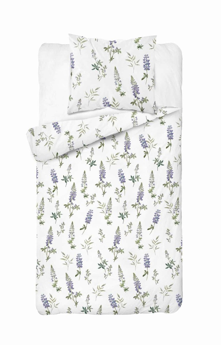 Pościel flanelowa 140x200 biała w błękitny łubin - Pastel Flowers - 5628 B