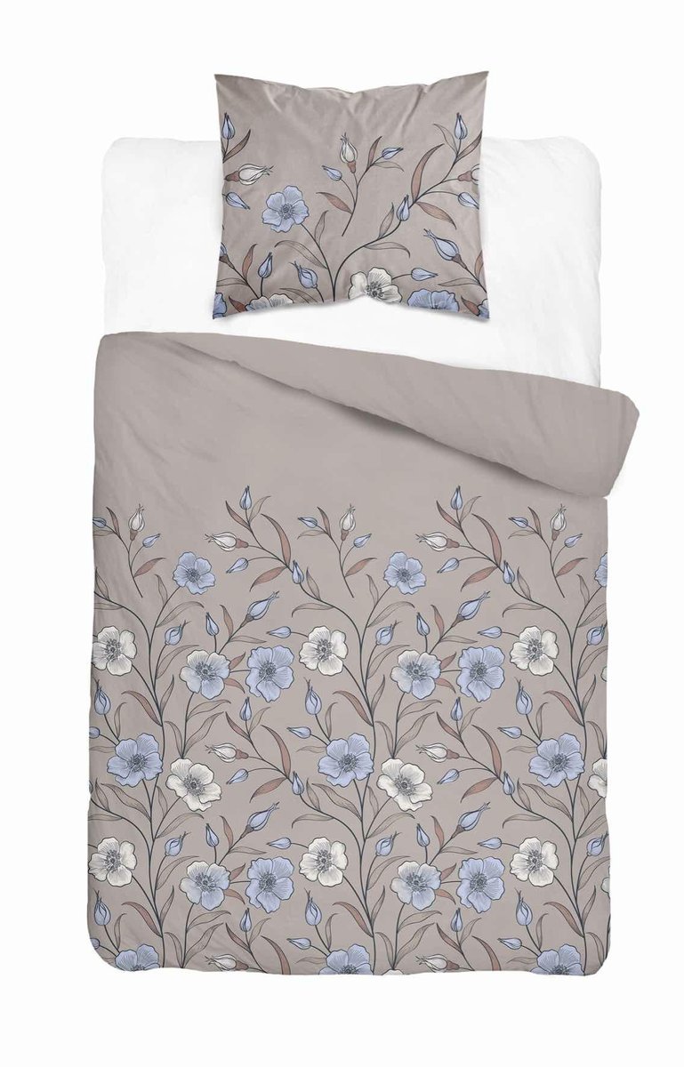 Pościel flanelowa 140x200 taupe w polne kwiaty błękitne - Pastel Flowers - 5633 A