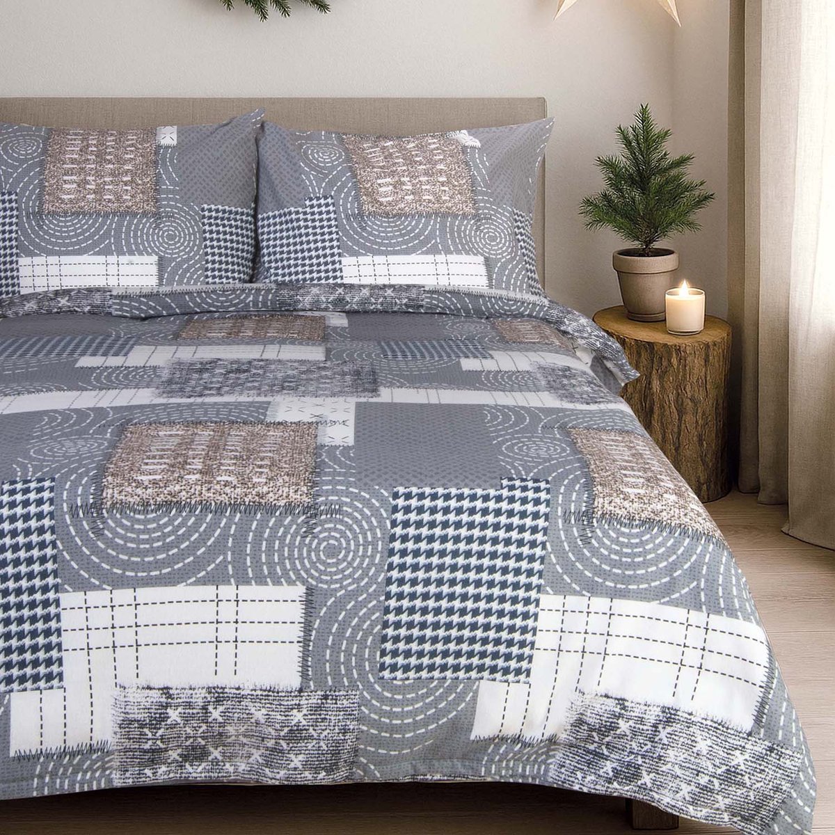 Pościel flanelowa FLANELOVE 140x200 szara biała beżowa patchwork