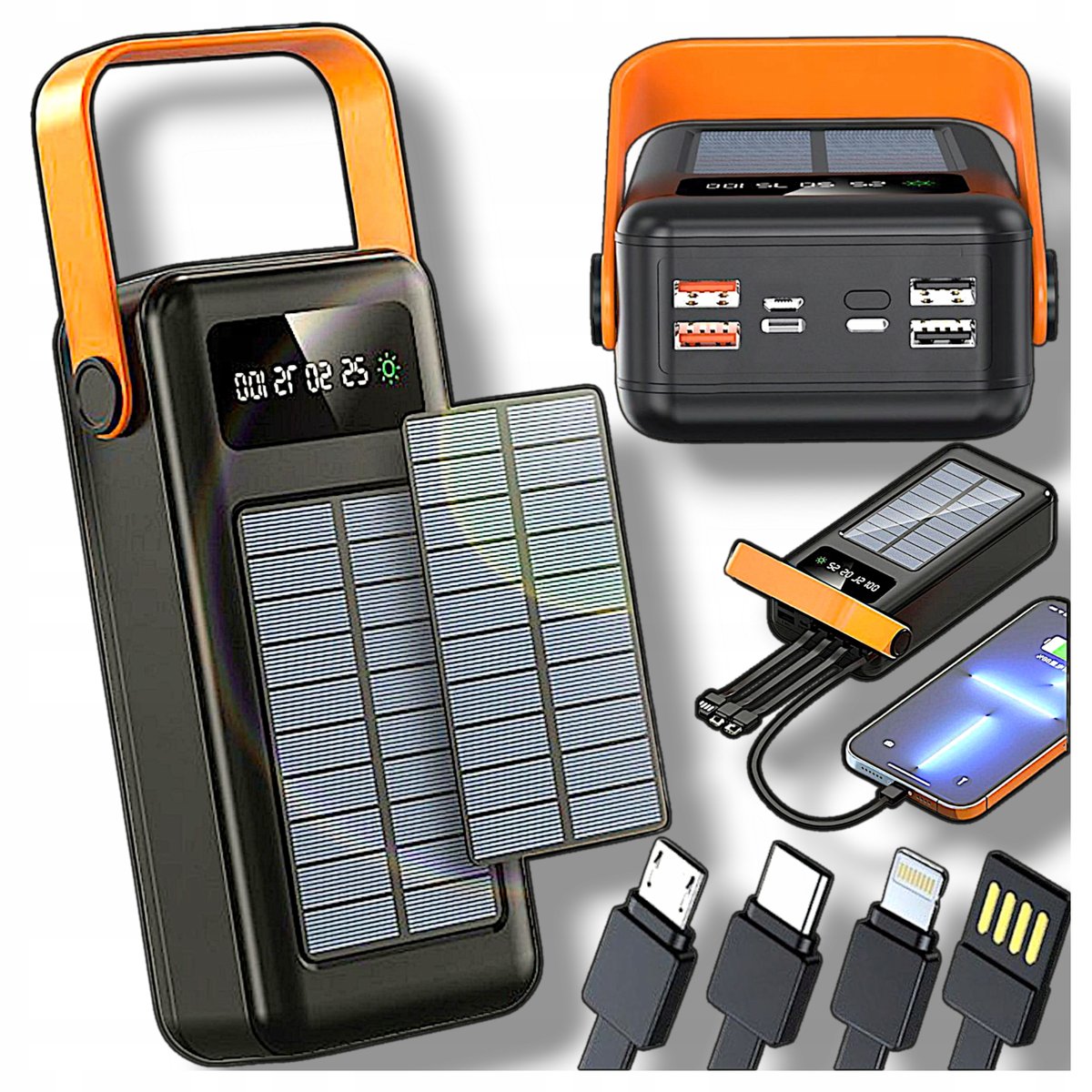 SOLARNY POWER BANK Z LATARKĄ 30000 mAh 10W 4 KABLE + 4 USB Z PASKIEM